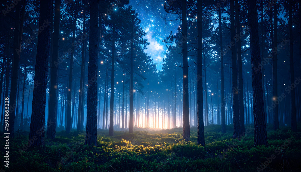Fototapeta premium Enchanted Blue Forest at Night with Glowing Fireflies