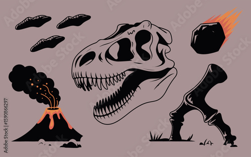 Dinosaur extinction event with meteorite and volcano silhouette