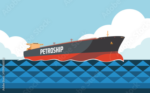 Large cargo ship is sailing on the geometric sea, a vector graphic for transportation, trade, and international logistics themes under blue sky.