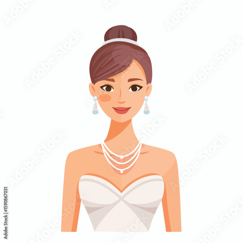 Flat vector of a modern bride in a minimalist satin dress, hair in a bun with pearl earrings, standing alone, clean white background