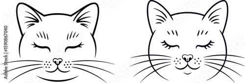 Two happy cat faces with closed eyes and whiskers silhouette