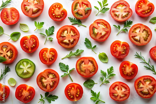 A seamless pattern of red tomatoes and colorful Easter eggs creates a fresh, healthy, and vibrant food background