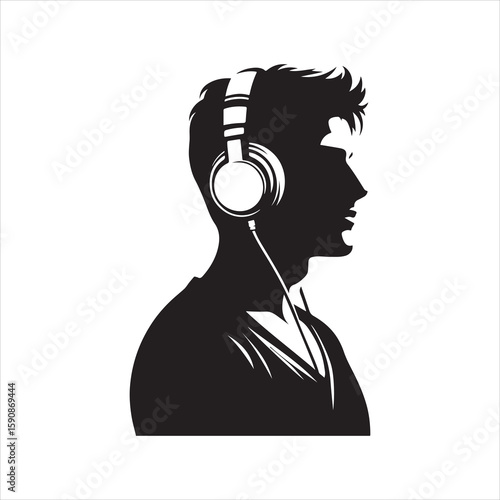 A man wear headphone silhouette. Vector illustration of a young man wearing headphones