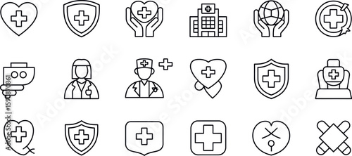 Collection of medical and healthcare icons in a clean line art silhouette style