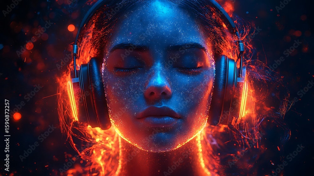 Fototapeta premium Headphones mockup with woman immersed in blue and orange light