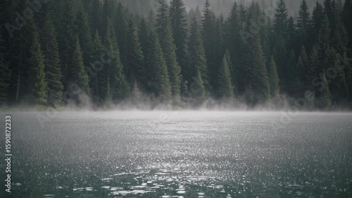 Misty forest lake morning: tranquil nature reflection with rising fog in motion