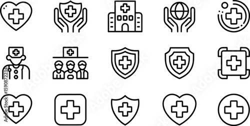 Collection of medical and healthcare related icons in a clean line art silhouette style
