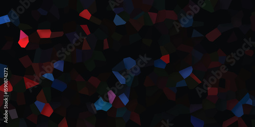 Mosaic design featuring a dark composition of various shapes with hints of red blue and green creating a complex and textured appearance