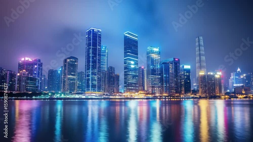 Wallpaper Mural Illuminated cityscape reflections night view of futuristic skyline along riverbank, neon glow Torontodigital.ca