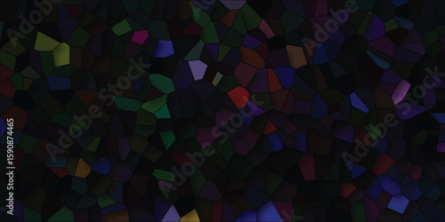 Intricate stained glass design with a dark and mysterious aesthetic showcasing a mosaic of colorful fragmented shapes