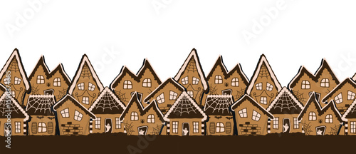 Halloween Gingerbread Houses. Seamless Border. Spooky Village. Banner. Silhouettes of Houses on White Background. Halloween Background. Vector illustration in Brown, Beige