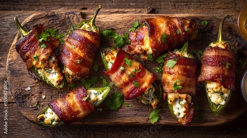 Bacon wrapped jalapeno poppers on wooden serving board
