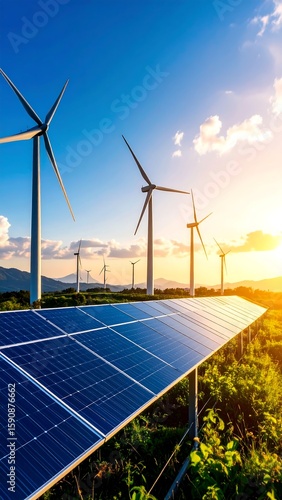 Wind turbines and solar panels at sunset (2)