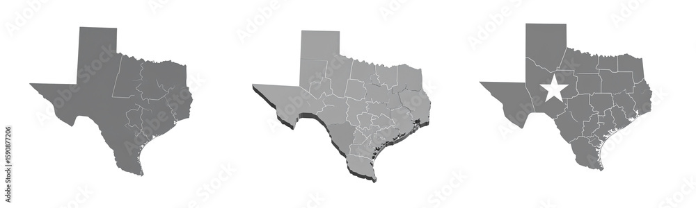 Obraz premium Set Minimalist Gray Map of Texas with Smooth Corners and Stylized Edges, Graphic Cutout Style, isolated on transparent background PNG