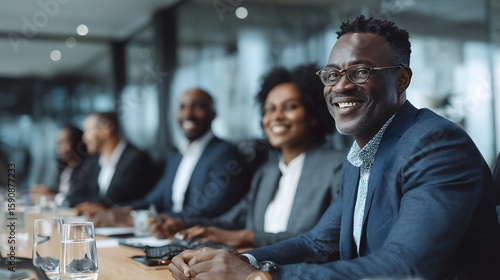 African American professionals in board meeting presentation setting
