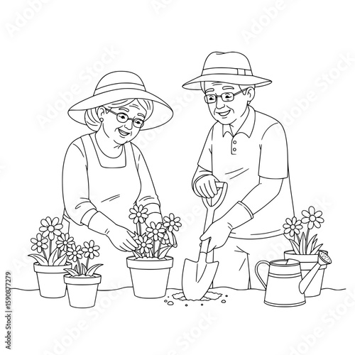 Elderly Couple Planting Flowers in Their Garden Together