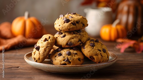 Pumpkin chocolate chip cookies stacked on rustic plate
