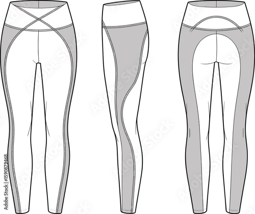 CAD drawing flat vector illustration of modern women's leggings, fashion technical sketch, apparel template for activewear design professionals