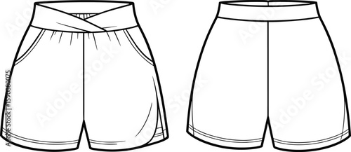 Vector technical flat of crossover waistband casual shorts, fashion illustration front and back view, comfortable lounge or activewear design
