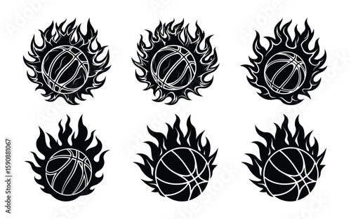 Basketball by fire silhouette bundle on white background