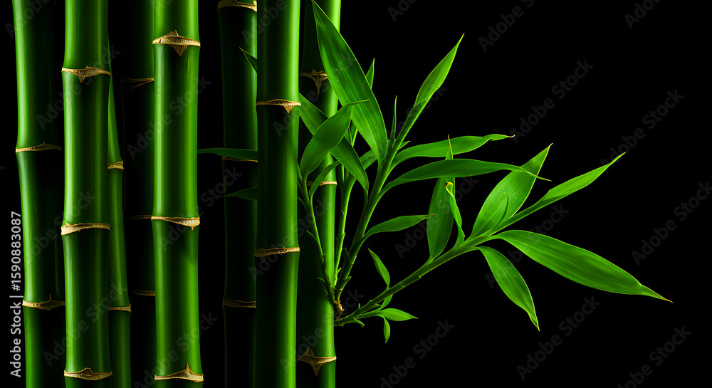 Naklejka premium Ultra-realistic close-up of vibrant green bamboo stalks and leaves against pure black background with soft directional lighting, highlighting natural textures and elegant simplicity