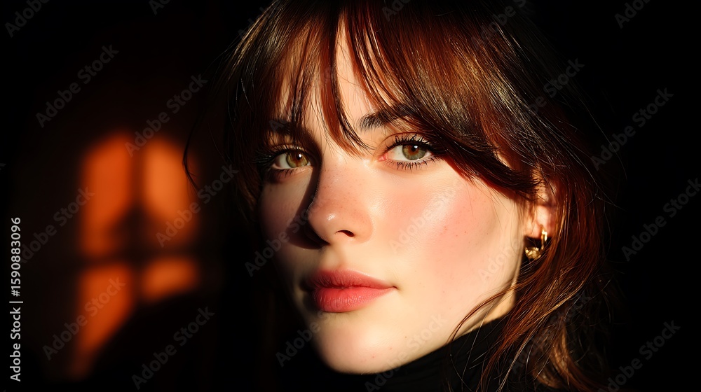 Fototapeta premium Young woman bathed in warm sunlight with a slight smile with dramatic shadows.