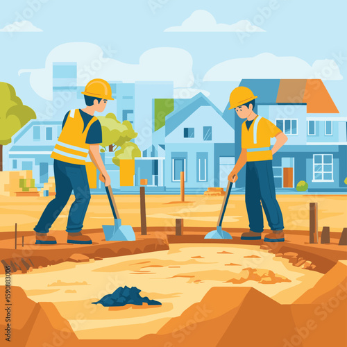The site was quickly coming to life as the workers began to lay out the framework and start excavating the foundation.. Vector illustration, vector style simple color