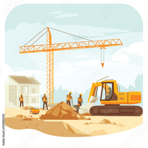 The site was quickly coming to life as the workers began to lay out the framework and start excavating the foundation.. Vector illustration, vector style simple color