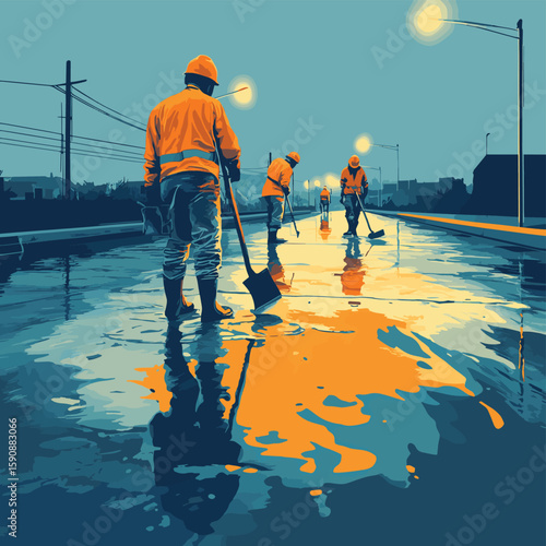 The strong scent of wet concrete fills the air as the workers expertly spread and level the mixture under the glare of floodlights.. Vector illustration, vector style simple color