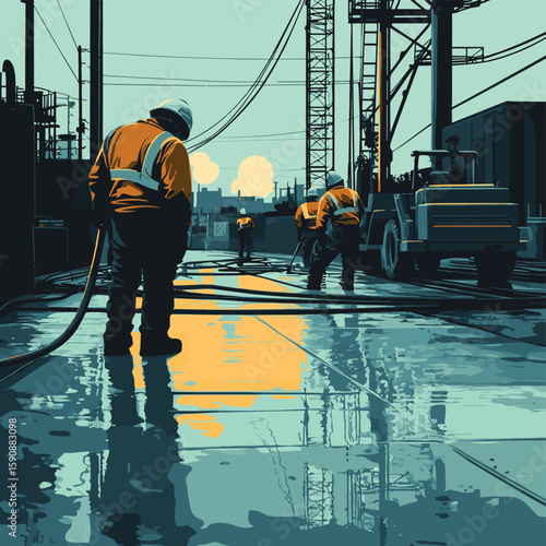 The strong scent of wet concrete fills the air as the workers expertly spread and level the mixture under the glare of floodlights.. Vector illustration, vector style simple color