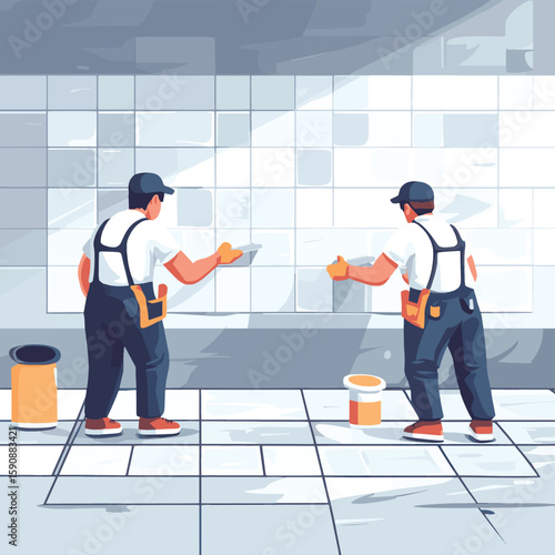 One worker carefully smoothing out grout between tiles while another ensures consistent spacing.. Vector illustration, vector style simple color