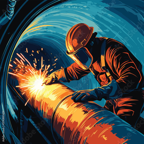 The bright arcs of light from the welding torch create a mesmerizing display as the worker carefully joins two metal pipes.. Vector illustration, vector style simple color