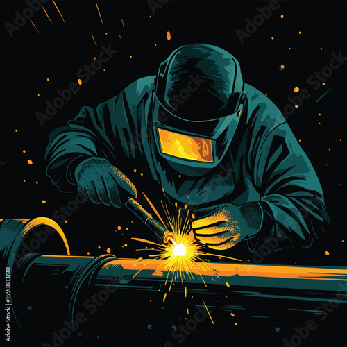 The bright arcs of light from the welding torch create a mesmerizing display as the worker carefully joins two metal pipes.. Vector illustration, vector style simple color