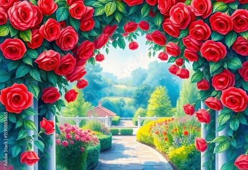 Watercolor archway adorned with red roses, lush garden landscape ,  stationery,  vivid