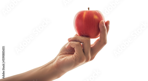 Hand holding a vibrant red apple with subtle yellow stripes and a brown stem.