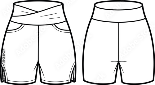 High waist crossover sports shorts technical fashion flat, vector illustration, activewear design template for gym, yoga, running, workout wear