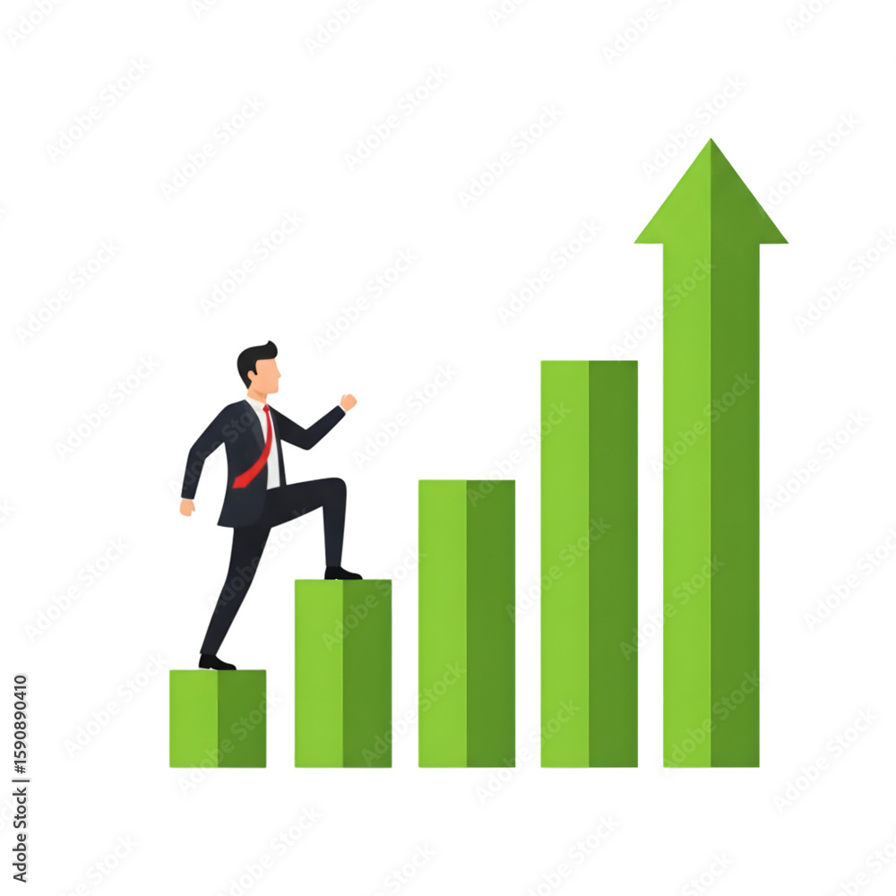 Businessman Climbing Green Bar Graph Steps Towards Arrow Showing Growth. Businessman Climbing Green Bar Graph Steps Towards Arrow Showing Growth.