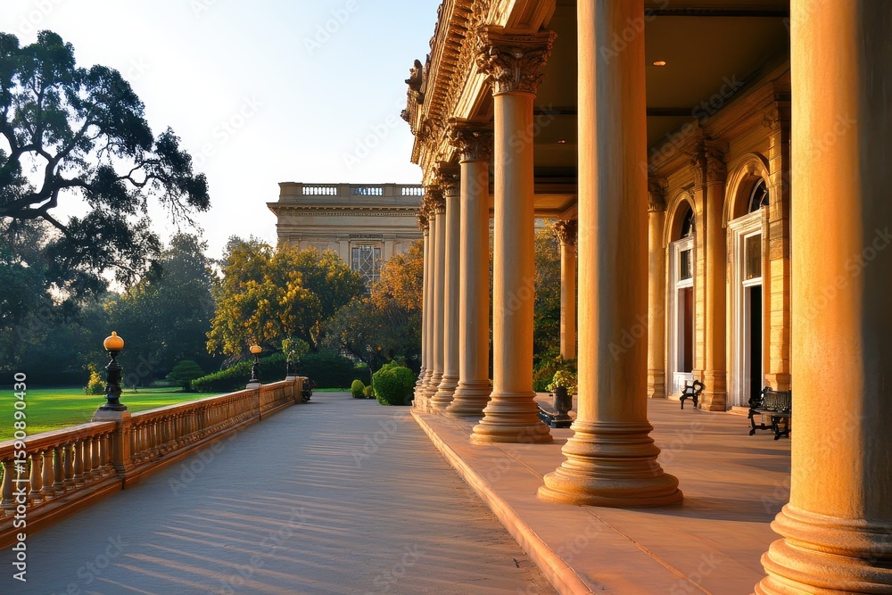 Obraz premium Elegant colonnade extending through a landscaped garden.