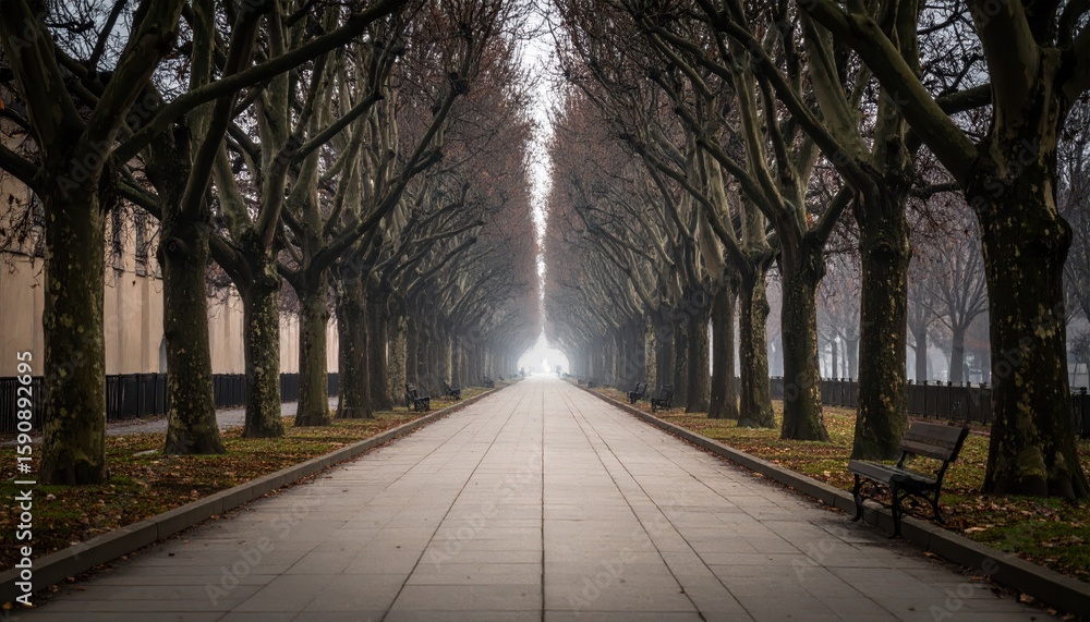 Fototapeta premium Serene Pathway Flanked by Tree Canopy in Misty Atmosphere