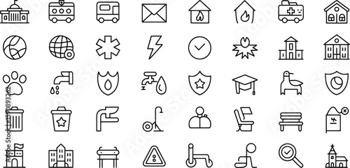 Collection of diverse outline icons representing public services and daily life silhouette