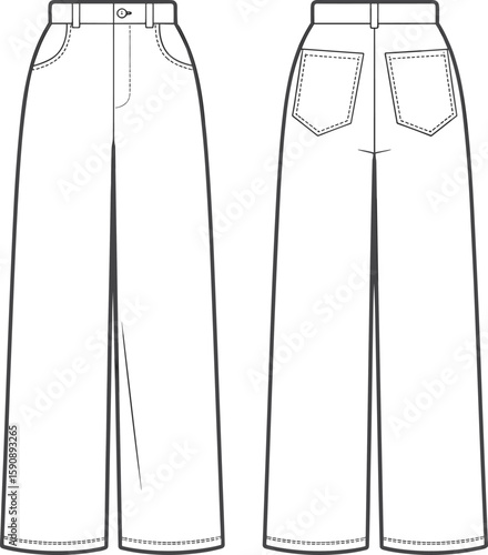 Flat sketch of wide leg jeans, high waist denim pants front and back view, fashion technical drawing for apparel template design