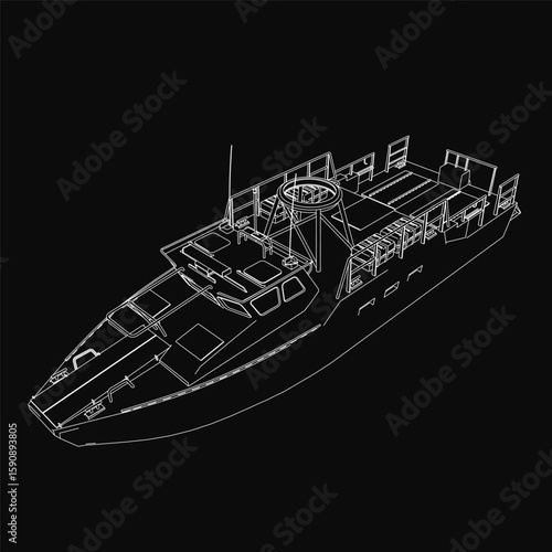 A detailed black and white military ship drawing features a sharply defined contour with visible hull, deck, and intricate structural elements. The stark black background emphasizes the vessel's.