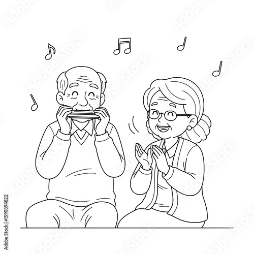 Grandpa and Grandma Singing Happily with Harmonica