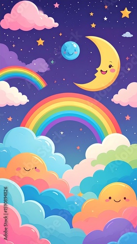 cartoon illustration of rainbow and clouds in the sky