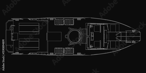 Military boat blueprint on black background highlights the vessel's contour, hull, and deck layout. Detailed technical drawing showcases structural features and design elements.