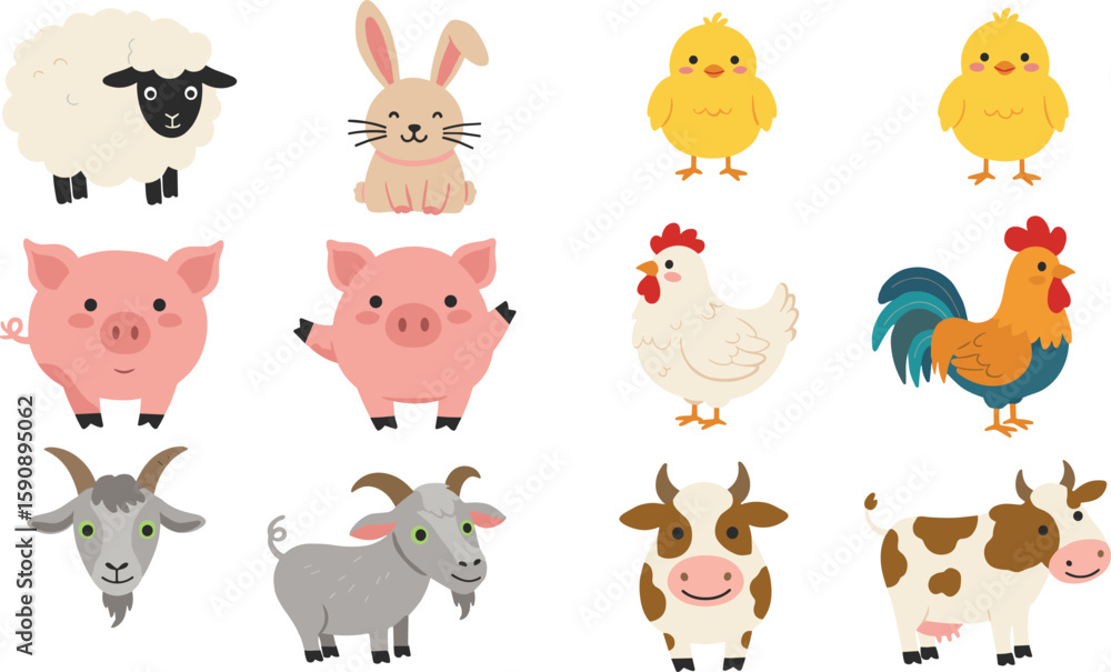 Fototapeta premium Cartoon farm animals collection, cute pig, cow, goat, sheep, chick, bunny, rooster, vector set for kids illustration