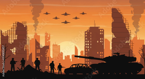 Silhouetted Post-Apocalyptic Cityscape with Tank, Soldiers, Damaged Buildings, and Fighter Jets at Sunset – Flat Vector Illustration