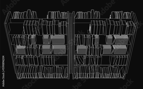 A black and white contour drawing of a neatly arranged bookshelf filled with various books. The shelves display organized rows of literature, creating a classic library aesthetic.
