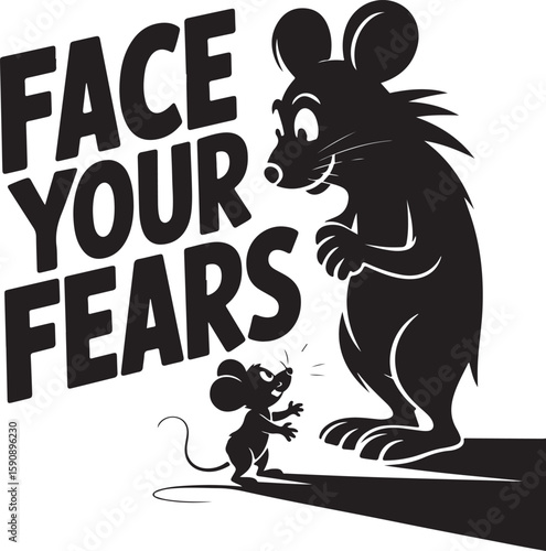 Face your Fears Illustration, a metaphorical battle against inner demons. The image depicts a small mouse facing a huge, terrifying shadow of itself.