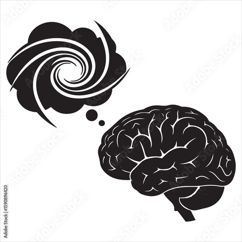Black silhouette of a human brain with a swirling thought bubble
